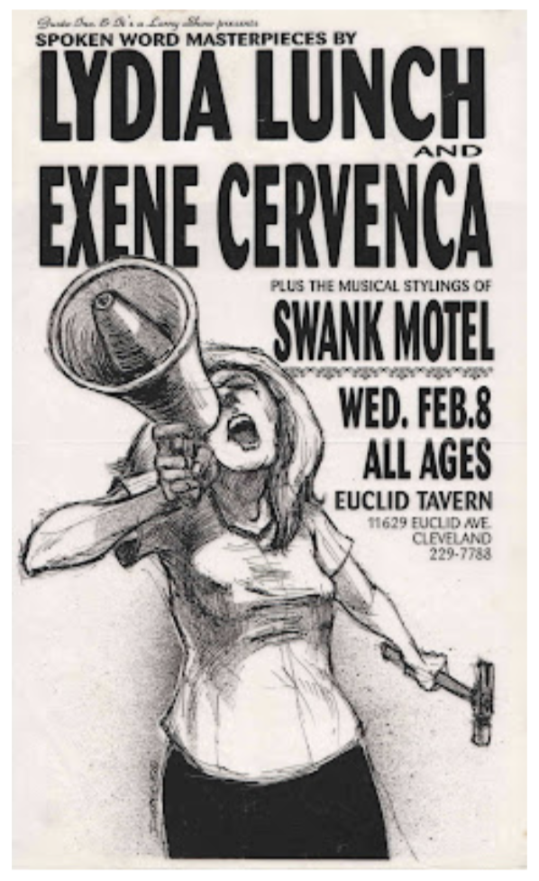 "Swank Motel" opens for “Exene Cervenka” & “Lydia Lunch” (1996) show produced by, and artwork by “Derek Hess”