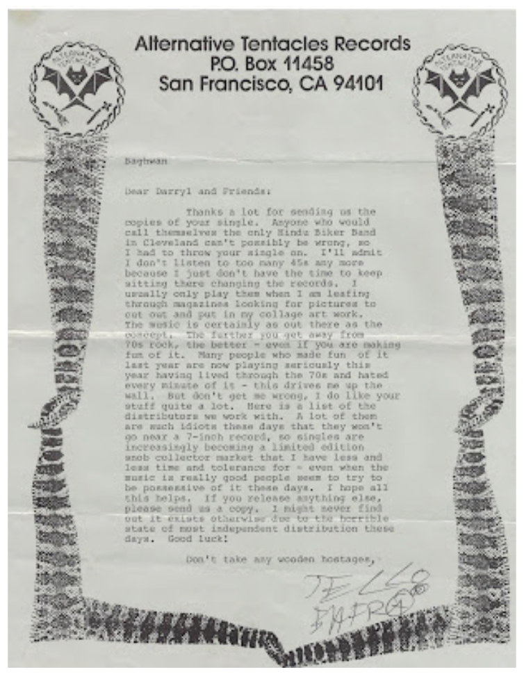 “Bhagwan” receives letter from “Dead Kennedys’”/”Alternative Tentacles’” “Jello Biafra” (1988)